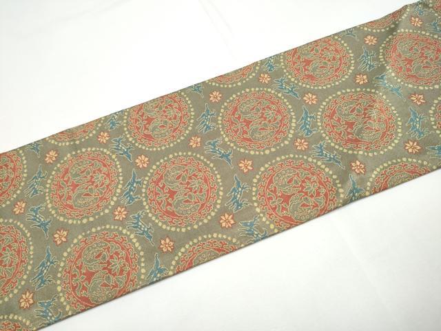 平和屋着物●全通柄　九寸名古屋帯　鹿　向かい鳥草花丸文　正絹　逸品　CABE0298hy