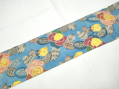 平和屋着物●全通柄　九寸名古屋帯　紬地　型染め　草花文　正絹　逸品　CABE0299hy