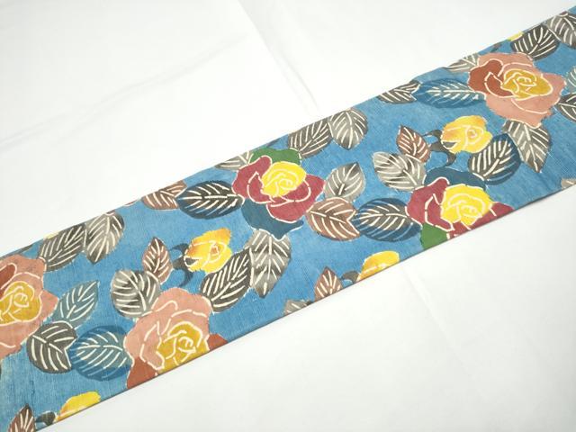 平和屋着物●全通柄　九寸名古屋帯　紬地　型染め　草花文　正絹　逸品　CABE0299hy