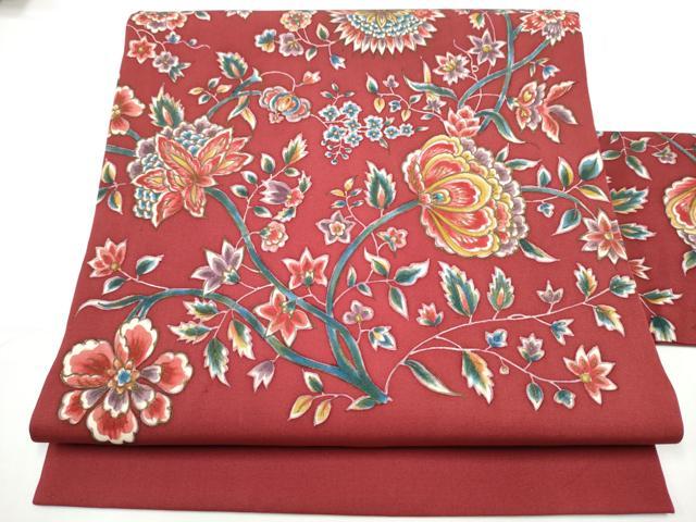 平和屋着物●塩瀬　九寸名古屋帯　型染め　更紗花文　金彩　正絹　逸品　CABE0304hy