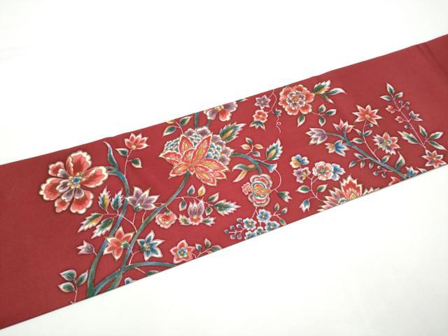 平和屋着物●塩瀬　九寸名古屋帯　型染め　更紗花文　金彩　正絹　逸品　CABE0304hy