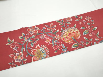 平和屋着物●塩瀬　九寸名古屋帯　型染め　更紗花文　金彩　正絹　逸品　CABE0304hy