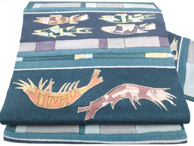 平和屋着物●全通柄　九寸名古屋帯　型染め　海老　蟹　魚　金彩　鬼しぼ縮緬　正絹　逸品　CABE0305hy