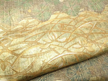 平和屋着物●石川県指定無形文化財　牛首紬　白山工房　手織り　全通柄袋帯　芝草花文　金彩　正絹　逸品　CABE0332hy