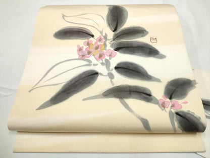 平和屋着物▼塩瀬　九寸名古屋帯　作家物　手描き　枝花文　正絹　逸品　CABE0353hy