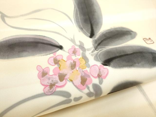 平和屋着物▼塩瀬　九寸名古屋帯　作家物　手描き　枝花文　正絹　逸品　CABE0353hy
