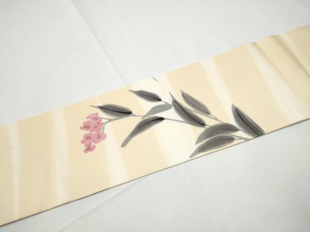 平和屋着物▼塩瀬　九寸名古屋帯　作家物　手描き　枝花文　正絹　逸品　CABE0353hy