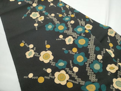 平和屋着物●全通柄　九寸名古屋帯　枝梅文　黒地　金彩　正絹　逸品　CABE0356hy