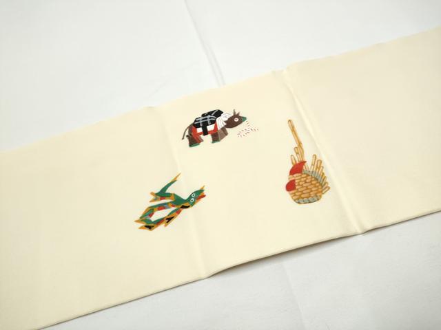平和屋着物●塩瀬　九寸名古屋帯　手描き　十二支　正絹　逸品　CABE0358hy
