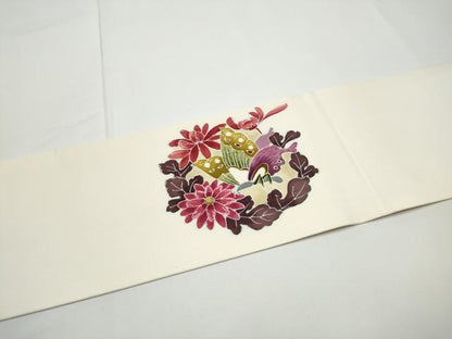 平和屋着物●塩瀬　九寸名古屋帯　型染め　花蝶文　正絹　逸品　CABE0363hy