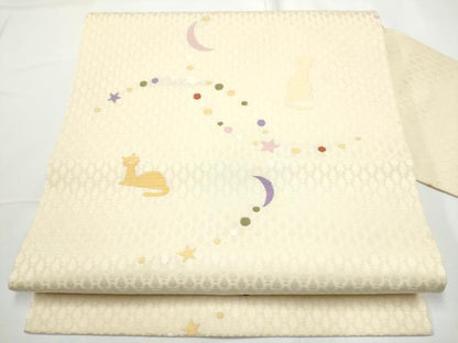 平和屋着物●九寸名古屋帯　猫　月　星　金銀糸　正絹　逸品　CABE0372hy