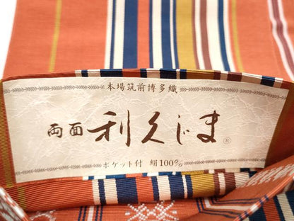 平和屋着物●本場筑前博多織　両面　半幅帯　利久じま　献上　証紙付き　正絹　逸品　CABE0378hy