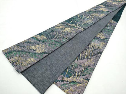 平和屋着物●両面　半幅帯　笹竹文　梨花　金糸　正絹　逸品　CABE0383hy