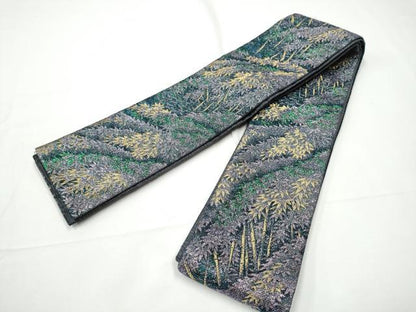 平和屋着物●両面　半幅帯　笹竹文　梨花　金糸　正絹　逸品　CABE0383hy