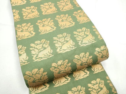 平和屋着物●名物裂一筋　西陣・あらいそ謹製　半幅帯　花兎　金糸　正絹　逸品　CABE0384hy