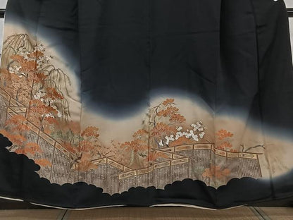 平和屋着物■豪華黒留袖 枝垂れ枝松文 暈し染め 金彩 正絹 逸品 CABE0450xi