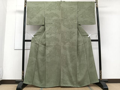 平和屋着物■上質な色無地　雲取り花文　松竹梅　老竹色　正絹　逸品　CABE0462xi