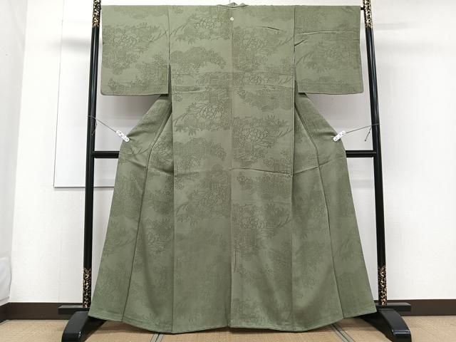 平和屋着物■上質な色無地　雲取り花文　松竹梅　老竹色　正絹　逸品　CABE0462xi