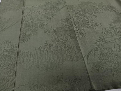 平和屋着物■上質な色無地　雲取り花文　松竹梅　老竹色　正絹　逸品　CABE0462xi