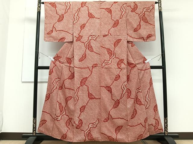 平和屋着物■大変加工の良い総絞り小紋 舞扇地紋 正絹 逸品 CABE0480xi