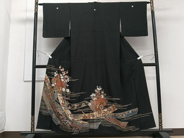 平和屋着物■豪華黒留袖　駒刺繍　鬘帯花鳥文　金彩　正絹　逸品　CABE0586xi