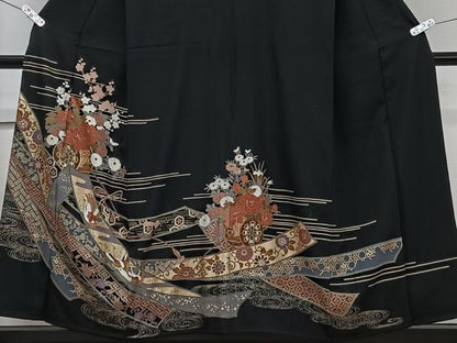 平和屋着物■豪華黒留袖　駒刺繍　鬘帯花鳥文　金彩　正絹　逸品　CABE0586xi