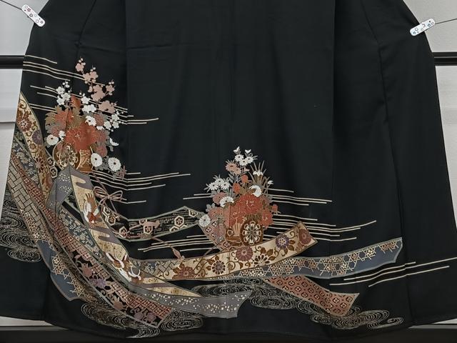 平和屋着物■豪華黒留袖　駒刺繍　鬘帯花鳥文　金彩　正絹　逸品　CABE0586xi