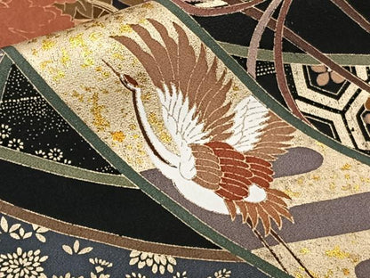 平和屋着物■豪華黒留袖　駒刺繍　鬘帯花鳥文　金彩　正絹　逸品　CABE0586xi