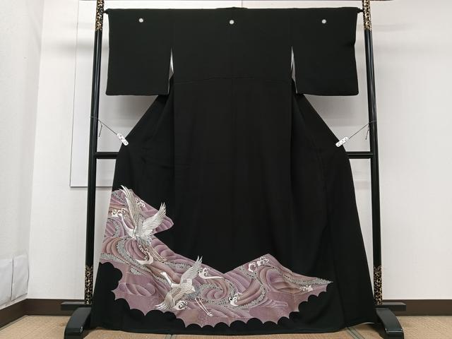 平和屋着物■豪華黒留袖　刺繍　立波飛鶴文　金彩　正絹　逸品　CABE0592xi