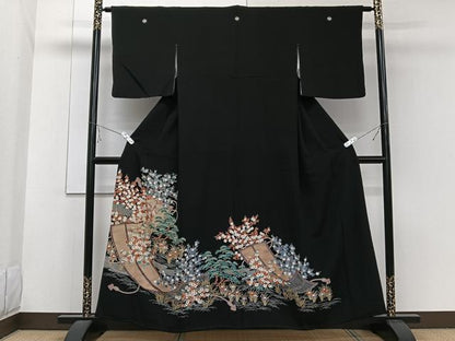 平和屋着物■豪華黒留袖 風景花文 金彩 正絹 逸品 CABE0615xi