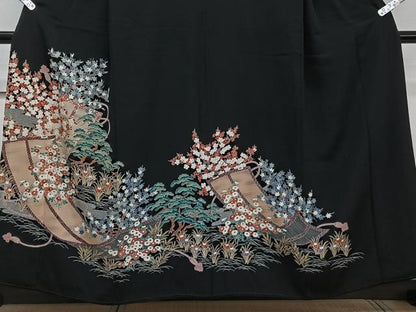 平和屋着物■豪華黒留袖 風景花文 金彩 正絹 逸品 CABE0615xi