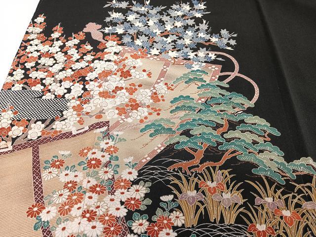 平和屋着物■豪華黒留袖 風景花文 金彩 正絹 逸品 CABE0615xi