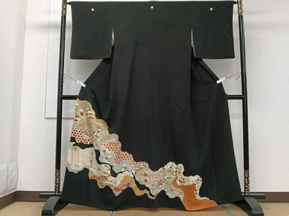平和屋着物■豪華黒留袖 刺繍 道長風景花文 松竹梅 金彩 正絹 逸品 CABE0654xi