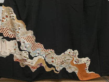 平和屋着物■豪華黒留袖 刺繍 道長風景花文 松竹梅 金彩 正絹 逸品 CABE0654xi