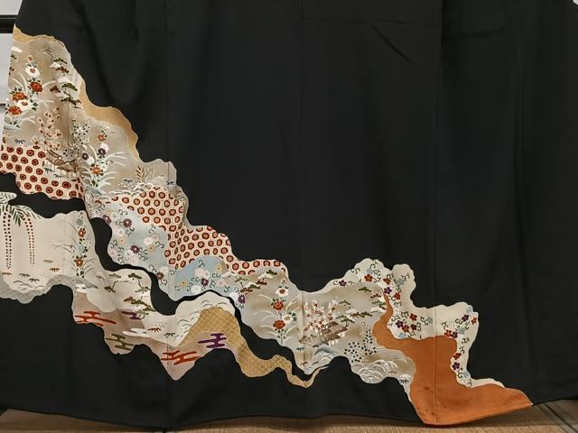 平和屋着物■豪華黒留袖 刺繍 道長風景花文 松竹梅 金彩 正絹 逸品 CABE0654xi