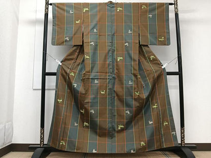 平和屋着物■上質な紬 格子花蝶地紋 正絹 逸品 CABE0687xi