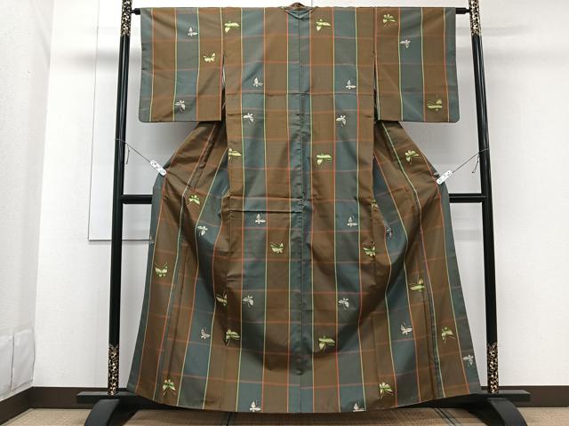 平和屋着物■上質な紬 格子花蝶地紋 正絹 逸品 CABE0687xi