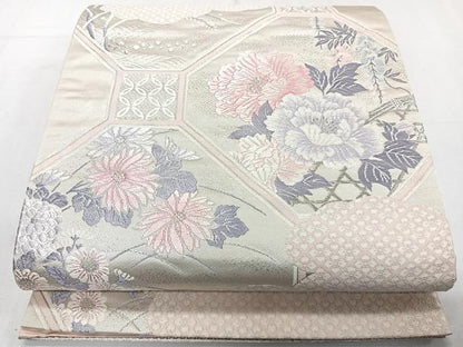 平和屋着物◎六通柄袋帯 唐織 花園錦 銀糸 正絹 逸品 CABE0735xi