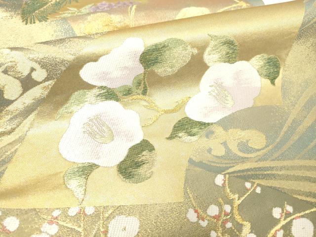 平和屋着物▼六通柄袋帯 地紙花文 藤花房 金糸 正絹 逸品 CABE0806vf