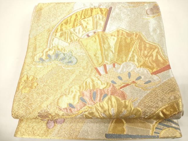 平和屋着物▼六通柄袋帯　扇面花松文　金銀糸　正絹　逸品　CABE0818vf