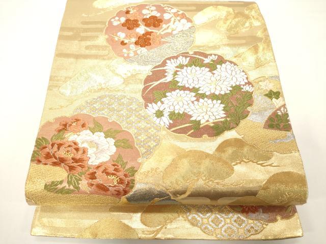 平和屋着物▼六通柄袋帯　唐織　雪輪飛鶴花文　金銀糸　正絹　逸品　CABE0835vf
