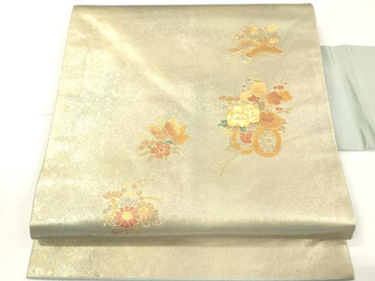 平和屋着物▼九寸名古屋帯　螺鈿　花車文　金彩　引箔　正絹　逸品　CABE0920vf