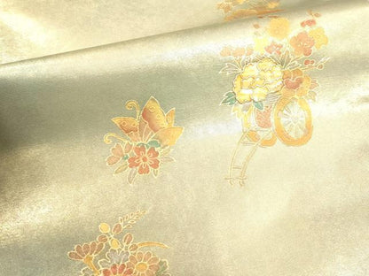 平和屋着物▼九寸名古屋帯　螺鈿　花車文　金彩　引箔　正絹　逸品　CABE0920vf