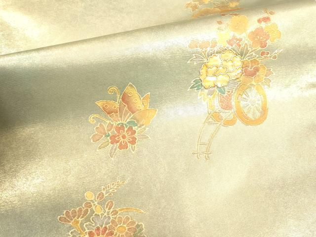 平和屋着物▼九寸名古屋帯　螺鈿　花車文　金彩　引箔　正絹　逸品　CABE0920vf