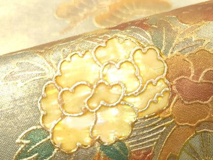 平和屋着物▼九寸名古屋帯　螺鈿　花車文　金彩　引箔　正絹　逸品　CABE0920vf