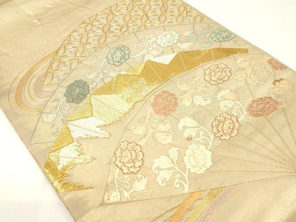 平和屋着物▼中国三大刺繍　相良刺繍　駒刺繍刺繍　総刺繍　太鼓柄袋帯　扇面吉祥花文　引箔　正絹　逸品　CABE0961vf