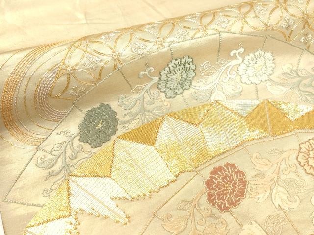平和屋着物▼中国三大刺繍　相良刺繍　駒刺繍刺繍　総刺繍　太鼓柄袋帯　扇面吉祥花文　引箔　正絹　逸品　CABE0961vf