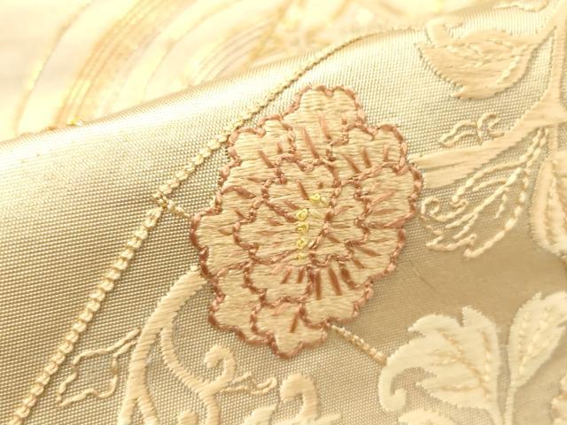 平和屋着物▼中国三大刺繍　相良刺繍　駒刺繍刺繍　総刺繍　太鼓柄袋帯　扇面吉祥花文　引箔　正絹　逸品　CABE0961vf
