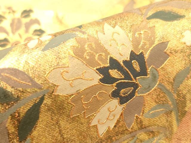 平和屋着物▼六通柄袋帯　切嵌はな　鳥文　金銀彩　正絹　逸品　CABE0968vf