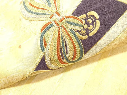 平和屋着物▼太鼓柄袋帯 総刺繍 駒刺繍 扇子文 金彩 正絹 逸品 未使用 CABE1018vf